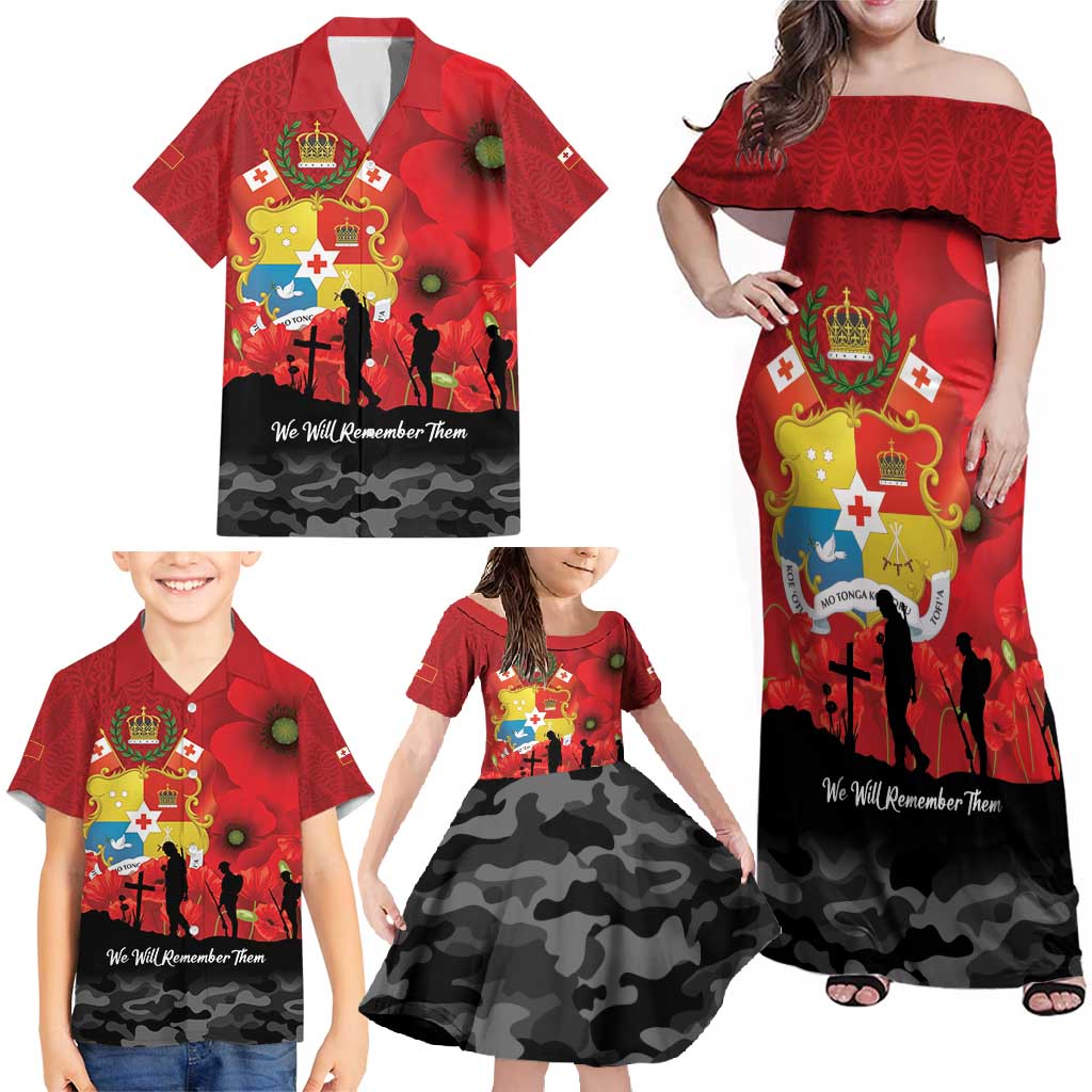 Tonga ANZAC Day Family Matching Off Shoulder Maxi Dress and Hawaiian Shirt Ngatu Pattern We Will Remember Them
