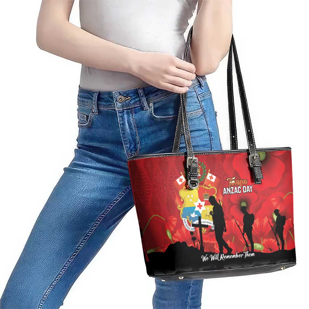 Tonga ANZAC Day Leather Tote Bag Ngatu Pattern We Will Remember Them