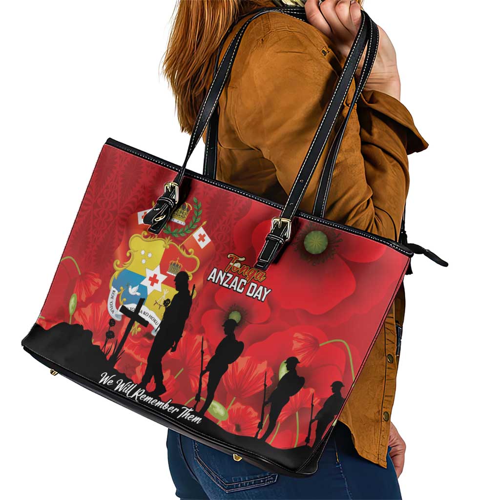 Tonga ANZAC Day Leather Tote Bag Ngatu Pattern We Will Remember Them