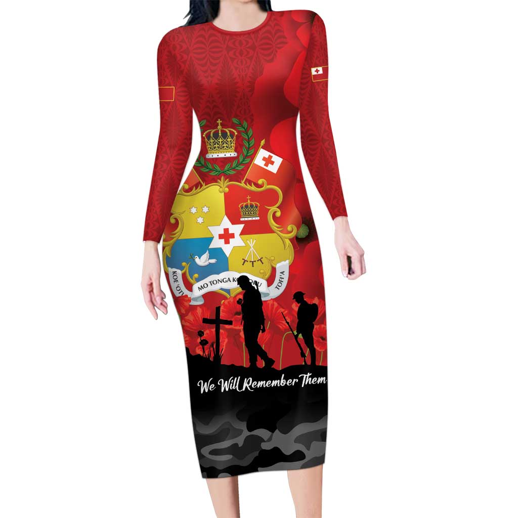 Tonga ANZAC Day Long Sleeve Bodycon Dress Ngatu Pattern We Will Remember Them