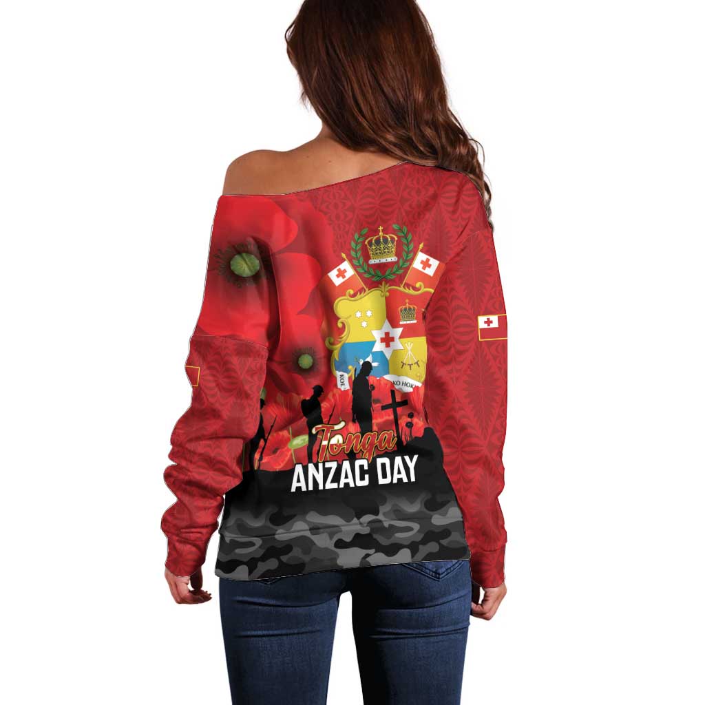 Tonga ANZAC Day Off Shoulder Sweater Ngatu Pattern We Will Remember Them