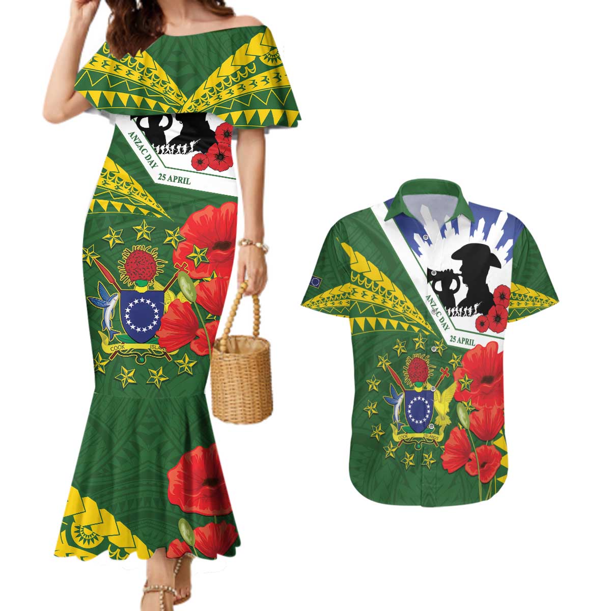 Cook Islands ANZAC Day Couples Matching Mermaid Dress and Hawaiian Shirt Last Post Lest We Forget