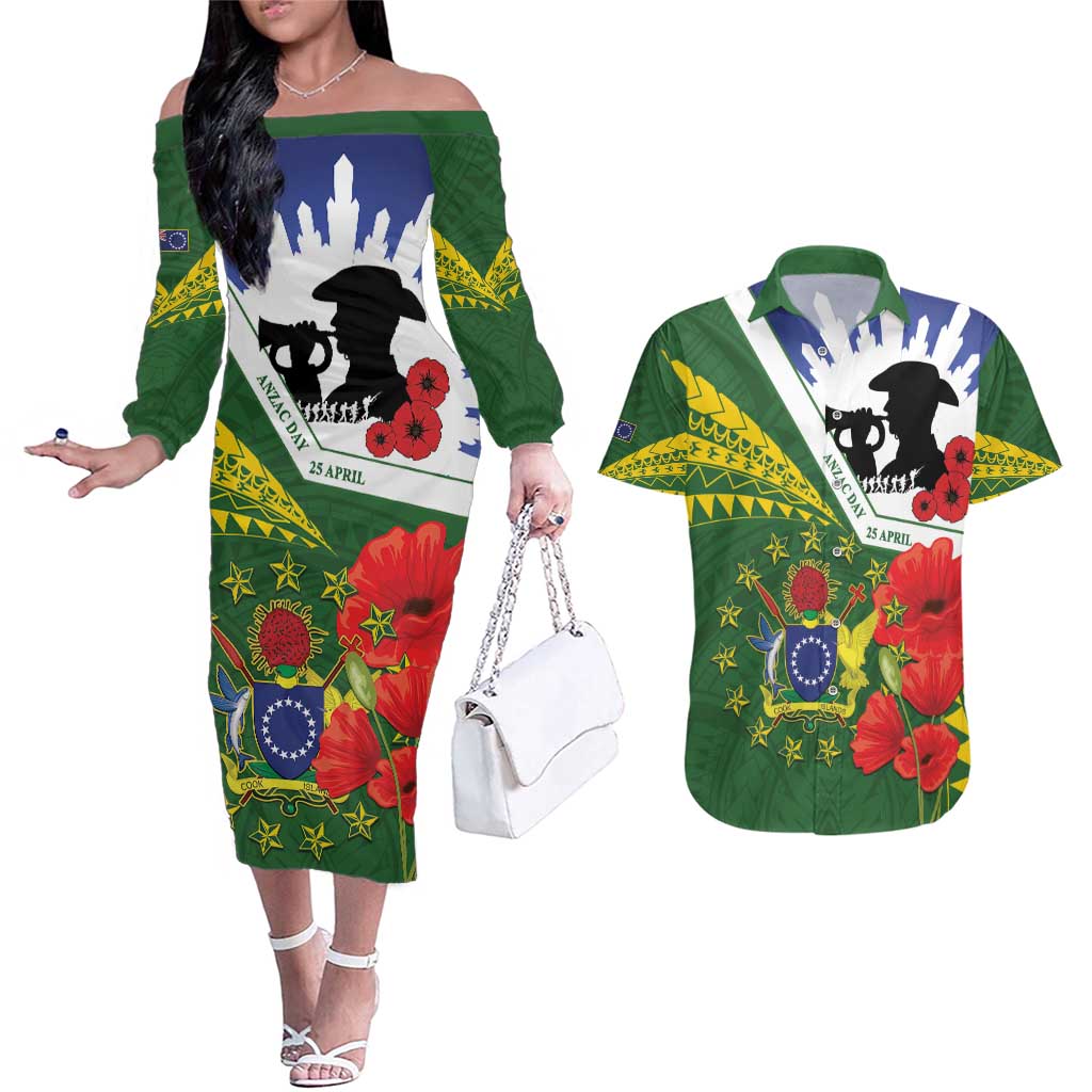 Cook Islands ANZAC Day Couples Matching Off The Shoulder Long Sleeve Dress and Hawaiian Shirt Last Post Lest We Forget