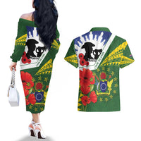Cook Islands ANZAC Day Couples Matching Off The Shoulder Long Sleeve Dress and Hawaiian Shirt Last Post Lest We Forget
