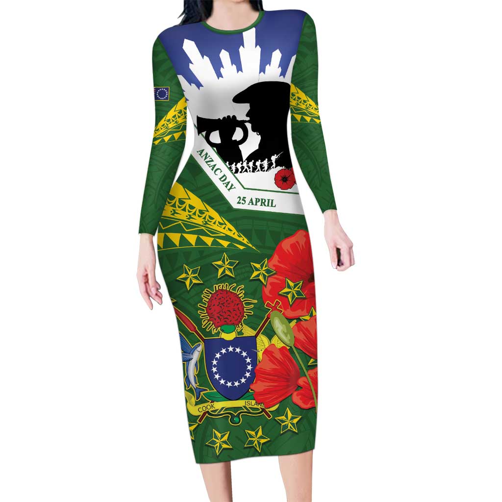 Cook Islands ANZAC Day Family Matching Long Sleeve Bodycon Dress and Hawaiian Shirt Last Post Lest We Forget LT14 Mom's Dress Green - Polynesian Pride