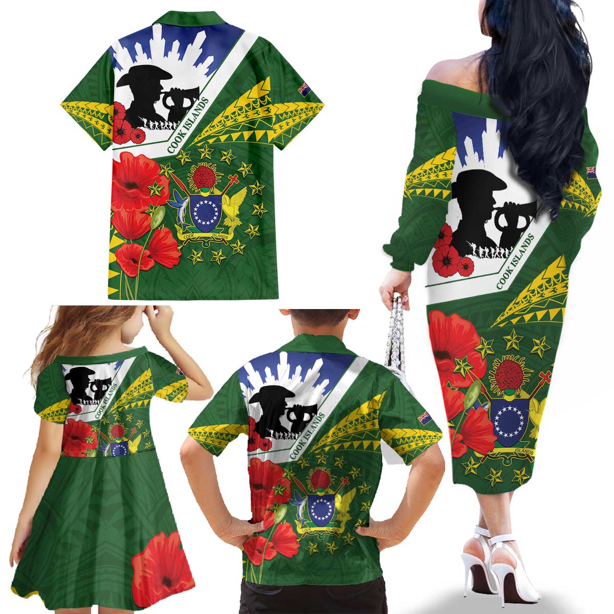 Cook Islands ANZAC Day Family Matching Off The Shoulder Long Sleeve Dress and Hawaiian Shirt Last Post Lest We Forget LT14 - Polynesian Pride