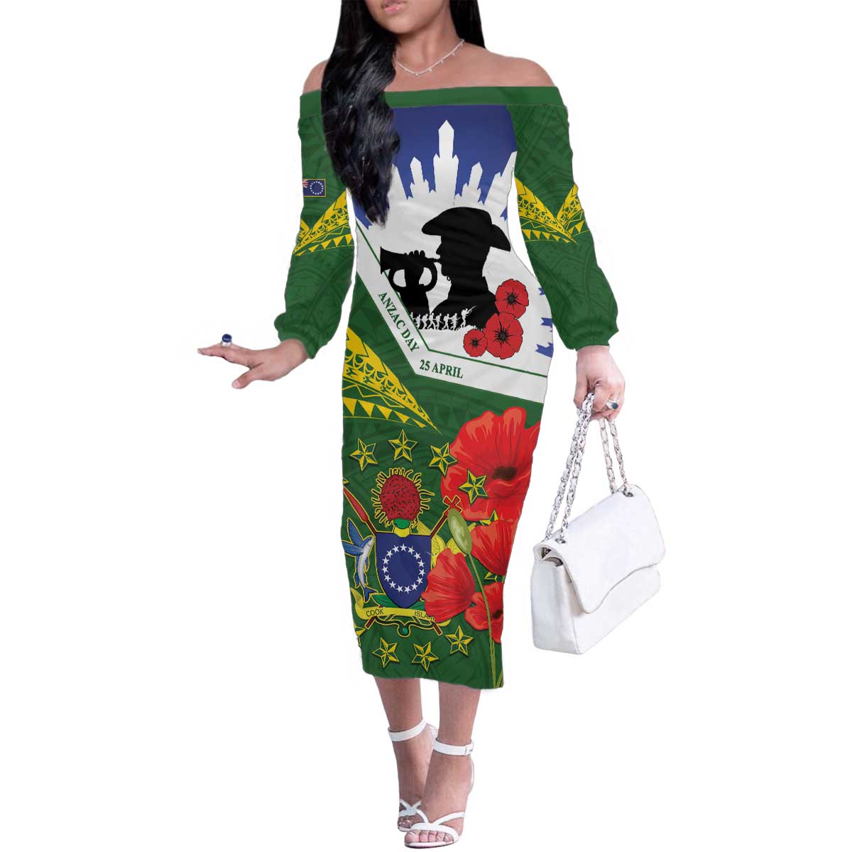 Cook Islands ANZAC Day Family Matching Off The Shoulder Long Sleeve Dress and Hawaiian Shirt Last Post Lest We Forget LT14 Mom's Dress Green - Polynesian Pride