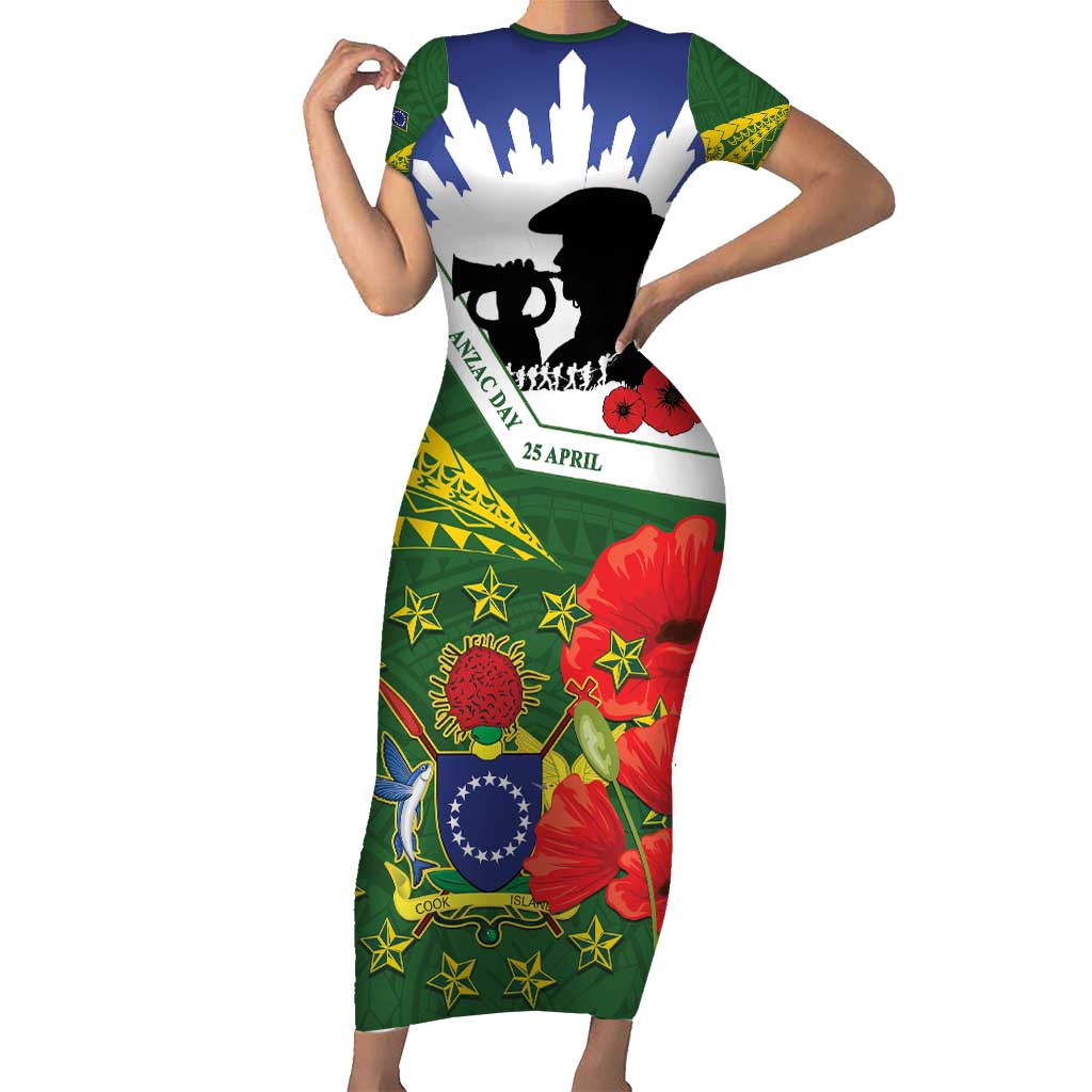Cook Islands ANZAC Day Family Matching Short Sleeve Bodycon Dress and Hawaiian Shirt Last Post Lest We Forget LT14 Mom's Dress Green - Polynesian Pride