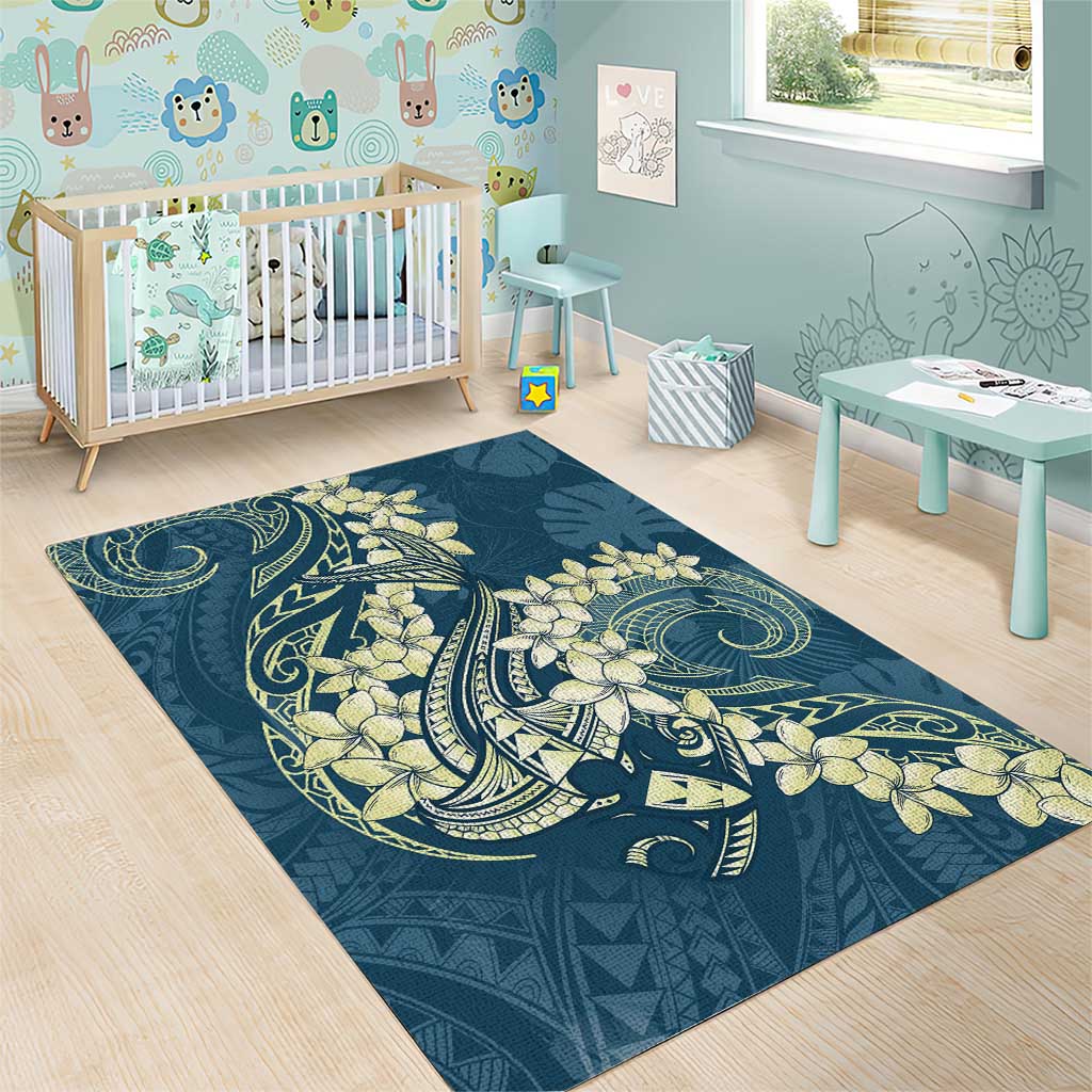 Cyan Polynesia Hammerhead Shark Tattoo With Plumeria Lei Area Rug