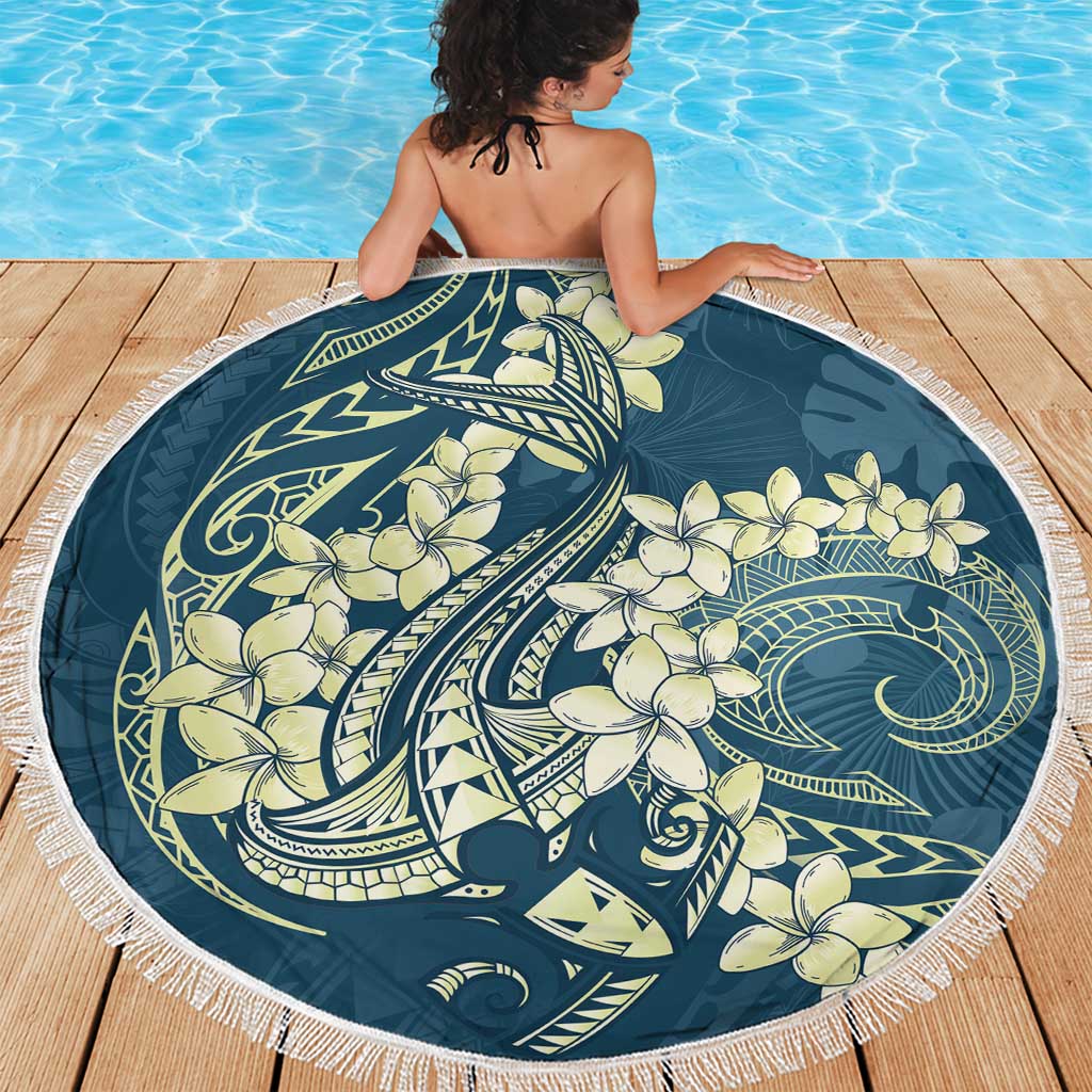 Cyan Polynesia Hammerhead Shark Tattoo With Plumeria Lei Beach Blanket