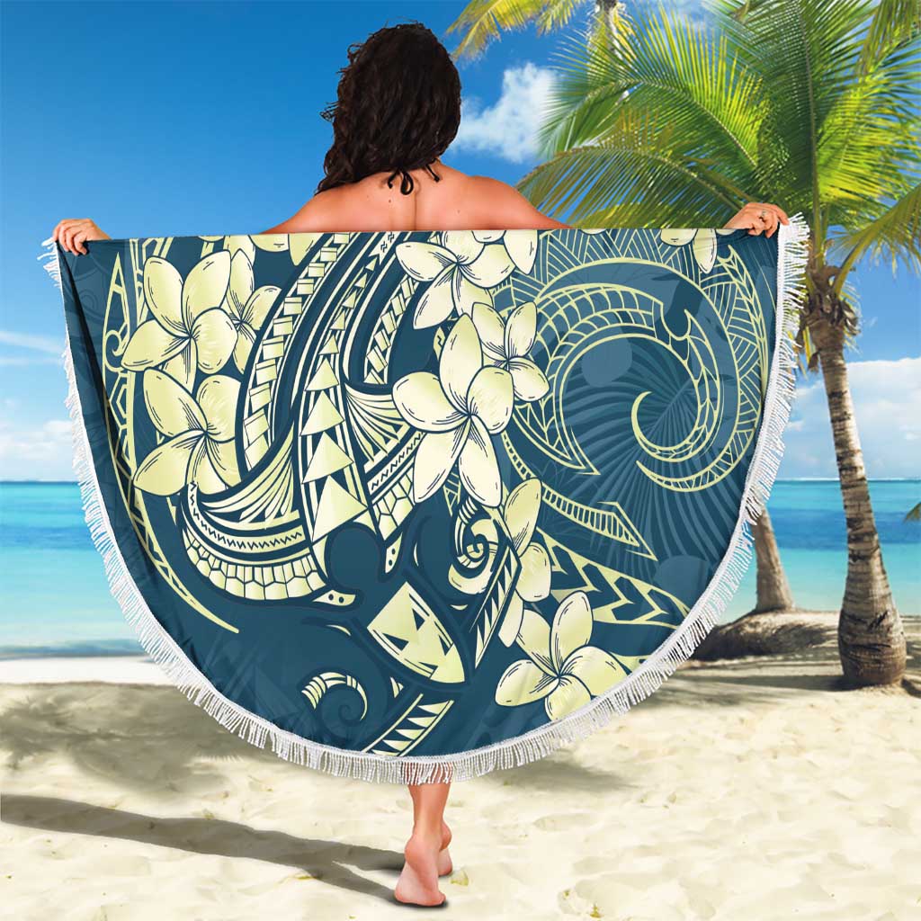 Cyan Polynesia Hammerhead Shark Tattoo With Plumeria Lei Beach Blanket