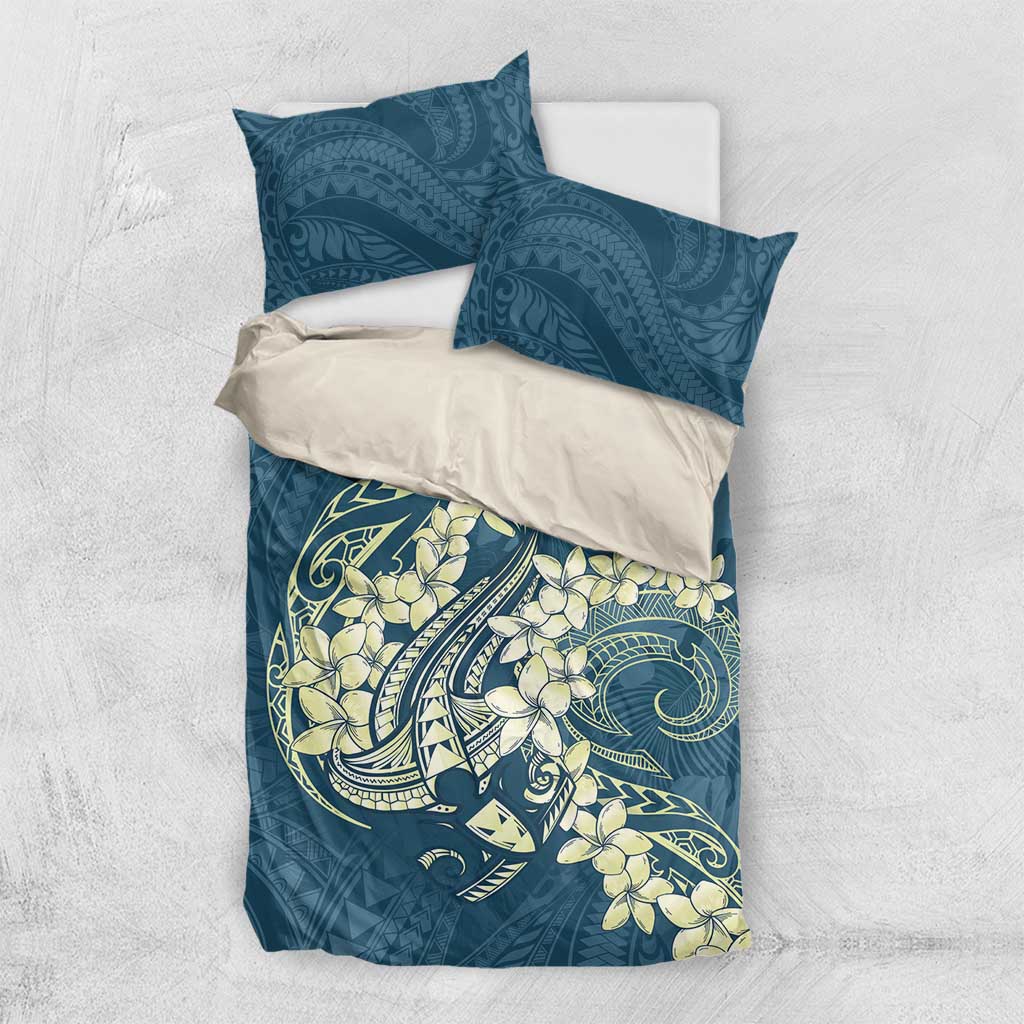 Cyan Polynesia Hammerhead Shark Tattoo With Plumeria Lei Bedding Set
