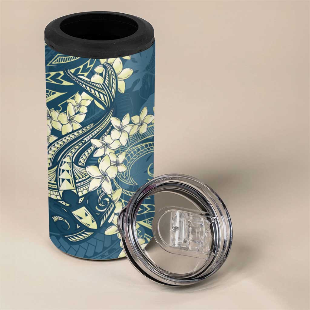 Cyan Polynesia Hammerhead Shark Tattoo With Plumeria Lei 4 in 1 Can Cooler Tumbler