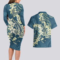 Cyan Polynesia Hammerhead Shark Tattoo With Plumeria Lei Couples Matching Long Sleeve Bodycon Dress and Hawaiian Shirt LT14 - Polynesian Pride