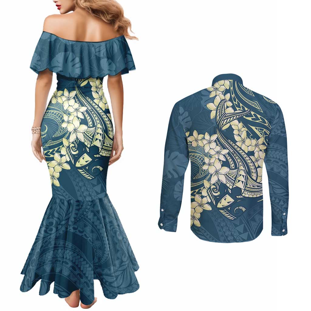 Cyan Polynesia Hammerhead Shark Tattoo With Plumeria Lei Couples Matching Mermaid Dress and Long Sleeve Button Shirt