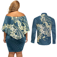 Cyan Polynesia Hammerhead Shark Tattoo With Plumeria Lei Couples Matching Off Shoulder Short Dress and Long Sleeve Button Shirt