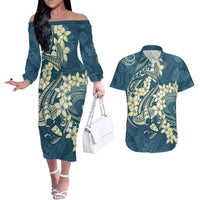 Cyan Polynesia Hammerhead Shark Tattoo With Plumeria Lei Couples Matching Off The Shoulder Long Sleeve Dress and Hawaiian Shirt LT14 Cyan - Polynesian Pride