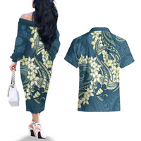 Cyan Polynesia Hammerhead Shark Tattoo With Plumeria Lei Couples Matching Off The Shoulder Long Sleeve Dress and Hawaiian Shirt LT14 - Polynesian Pride