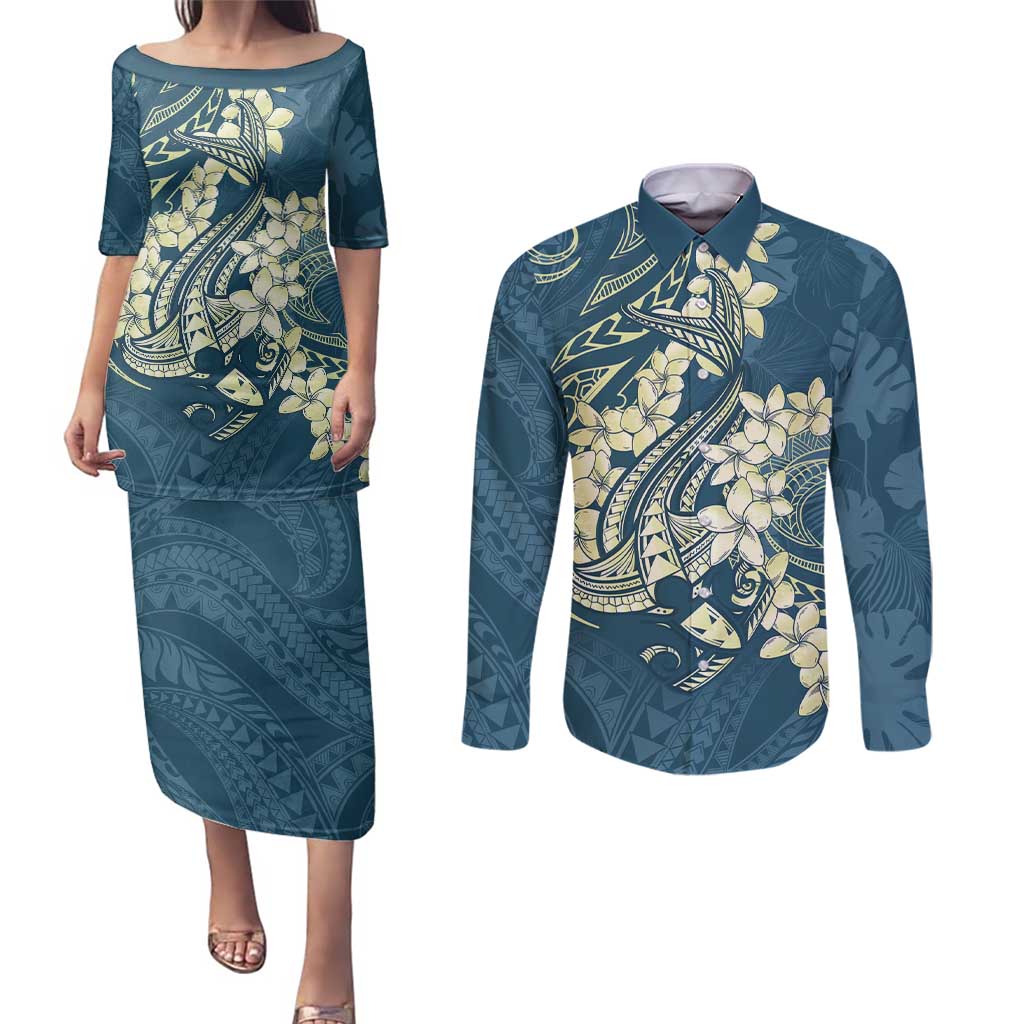 Cyan Polynesia Hammerhead Shark Tattoo With Plumeria Lei Couples Matching Puletasi and Long Sleeve Button Shirt