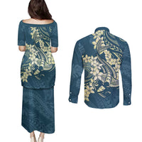 Cyan Polynesia Hammerhead Shark Tattoo With Plumeria Lei Couples Matching Puletasi and Long Sleeve Button Shirt