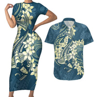 Cyan Polynesia Hammerhead Shark Tattoo With Plumeria Lei Couples Matching Short Sleeve Bodycon Dress and Hawaiian Shirt LT14 Cyan - Polynesian Pride