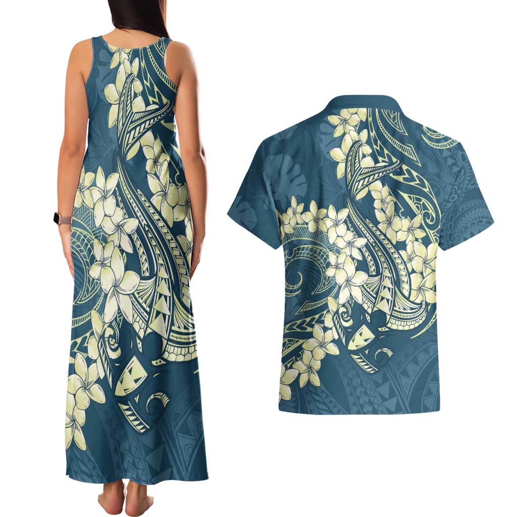 Cyan Polynesia Hammerhead Shark Tattoo With Plumeria Lei Couples Matching Tank Maxi Dress and Hawaiian Shirt
