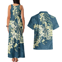 Cyan Polynesia Hammerhead Shark Tattoo With Plumeria Lei Couples Matching Tank Maxi Dress and Hawaiian Shirt