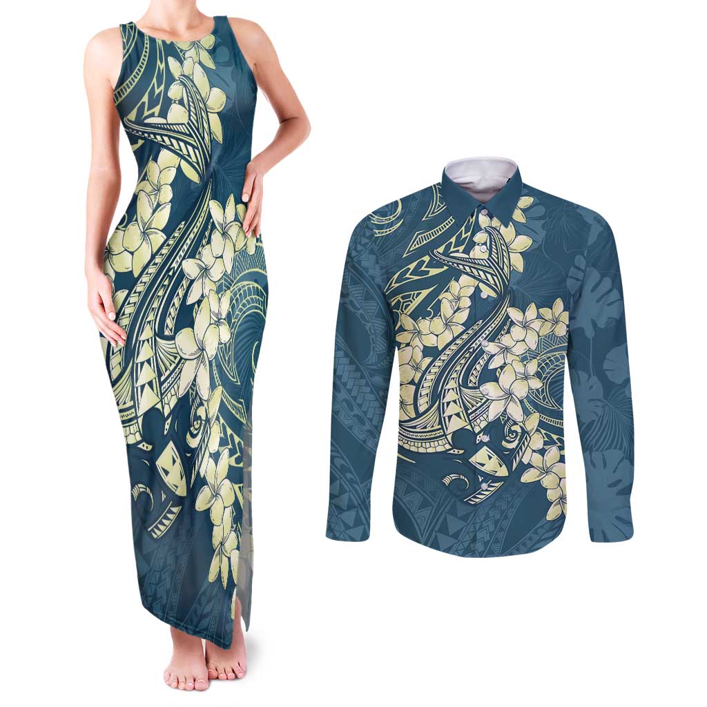 Cyan Polynesia Hammerhead Shark Tattoo With Plumeria Lei Couples Matching Tank Maxi Dress and Long Sleeve Button Shirt