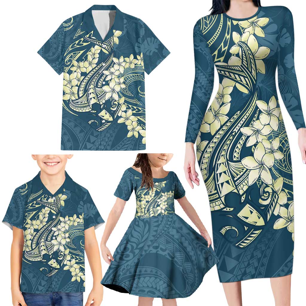 Cyan Polynesia Hammerhead Shark Tattoo With Plumeria Lei Family Matching Long Sleeve Bodycon Dress and Hawaiian Shirt LT14 - Polynesian Pride