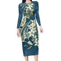 Cyan Polynesia Hammerhead Shark Tattoo With Plumeria Lei Family Matching Long Sleeve Bodycon Dress and Hawaiian Shirt LT14 Mom's Dress Cyan - Polynesian Pride