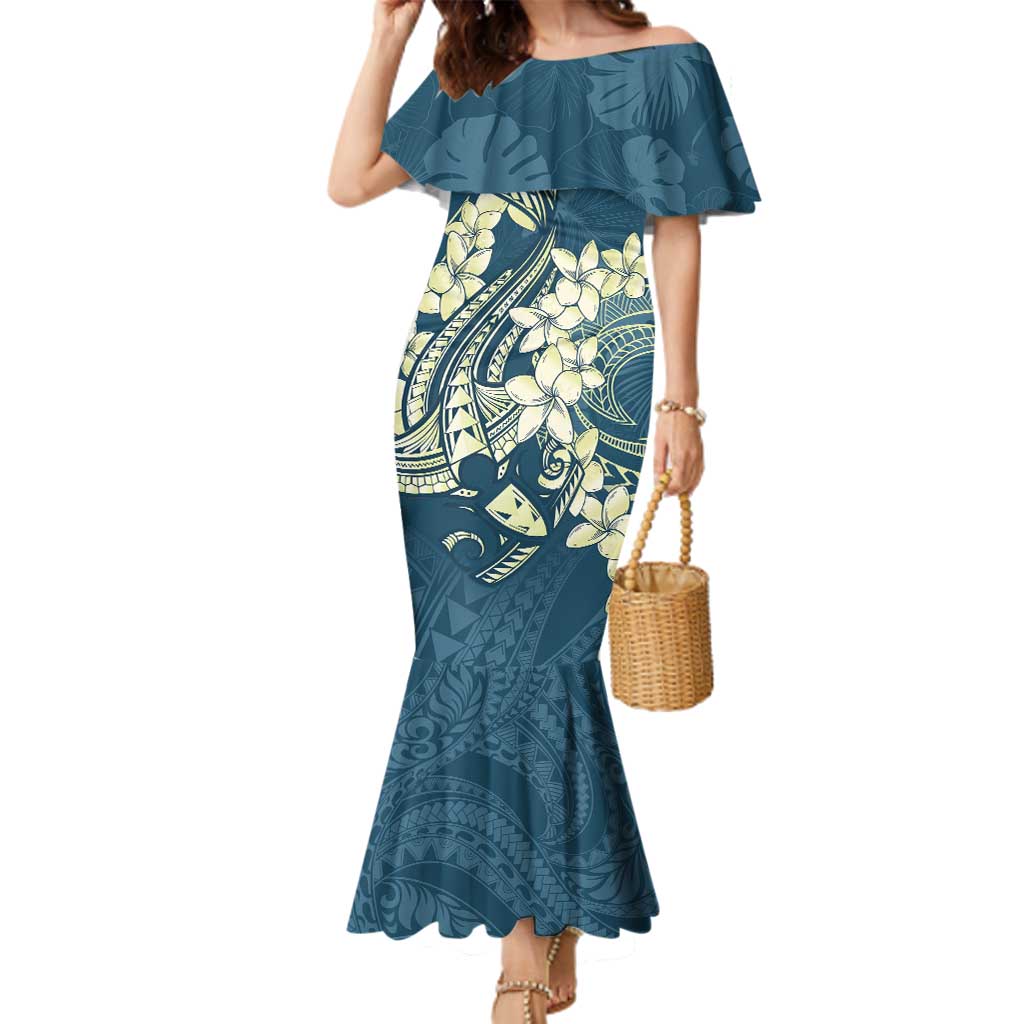 Cyan Polynesia Hammerhead Shark Tattoo With Plumeria Lei Family Matching Mermaid Dress and Hawaiian Shirt LT14 Mom's Dress Cyan - Polynesian Pride
