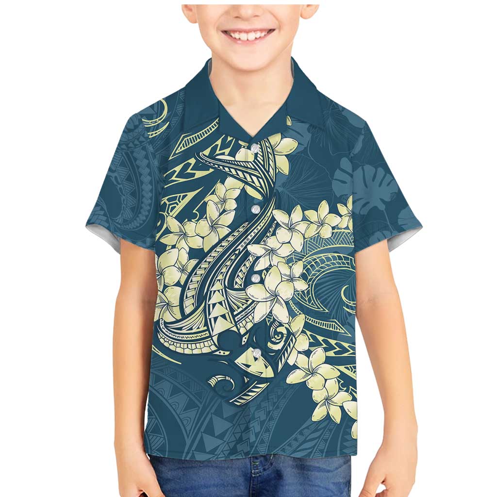 Cyan Polynesia Hammerhead Shark Tattoo With Plumeria Lei Family Matching Mermaid Dress and Hawaiian Shirt LT14 Son's Shirt Cyan - Polynesian Pride