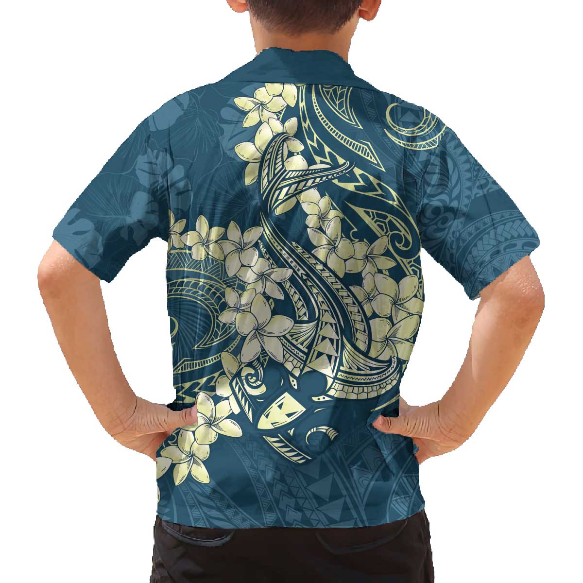 Cyan Polynesia Hammerhead Shark Tattoo With Plumeria Lei Family Matching Off The Shoulder Long Sleeve Dress and Hawaiian Shirt LT14 - Polynesian Pride