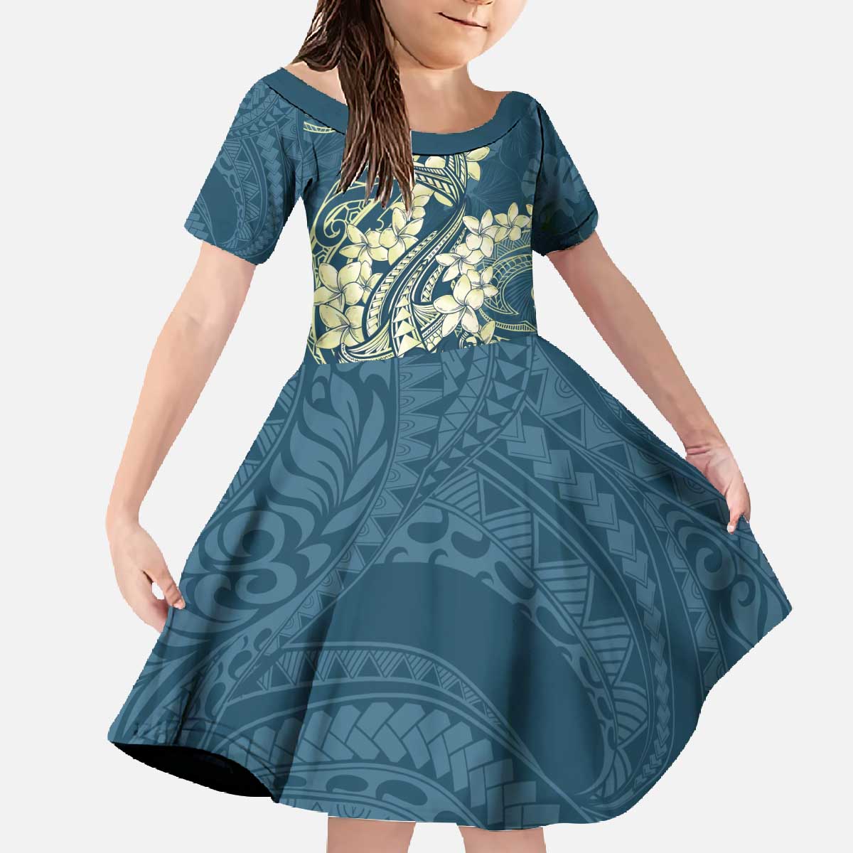 Cyan Polynesia Hammerhead Shark Tattoo With Plumeria Lei Family Matching Off The Shoulder Long Sleeve Dress and Hawaiian Shirt LT14 Daughter's Dress Cyan - Polynesian Pride
