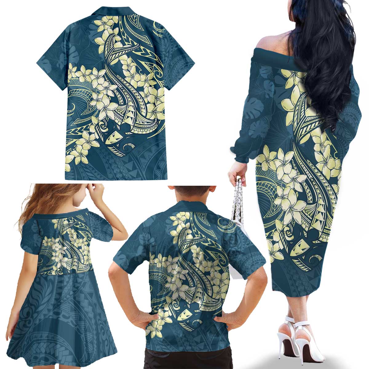 Cyan Polynesia Hammerhead Shark Tattoo With Plumeria Lei Family Matching Off The Shoulder Long Sleeve Dress and Hawaiian Shirt LT14 - Polynesian Pride