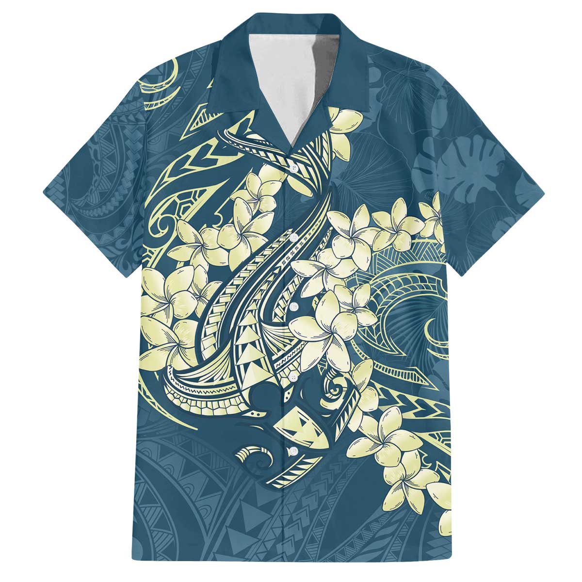 Cyan Polynesia Hammerhead Shark Tattoo With Plumeria Lei Family Matching Off The Shoulder Long Sleeve Dress and Hawaiian Shirt LT14 Dad's Shirt - Short Sleeve Cyan - Polynesian Pride
