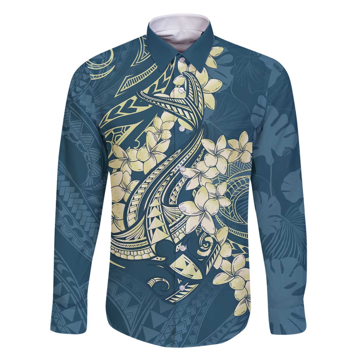 Cyan Polynesia Hammerhead Shark Tattoo With Plumeria Lei Family Matching Off The Shoulder Long Sleeve Dress and Hawaiian Shirt LT14 Dad's Shirt - Long Sleeve Cyan - Polynesian Pride