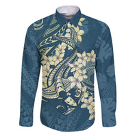 Cyan Polynesia Hammerhead Shark Tattoo With Plumeria Lei Family Matching Off The Shoulder Long Sleeve Dress and Hawaiian Shirt LT14 Dad's Shirt - Long Sleeve Cyan - Polynesian Pride