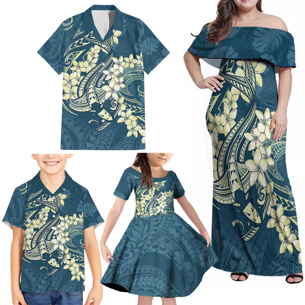 Cyan Polynesia Hammerhead Shark Tattoo With Plumeria Lei Family Matching Off Shoulder Maxi Dress and Hawaiian Shirt