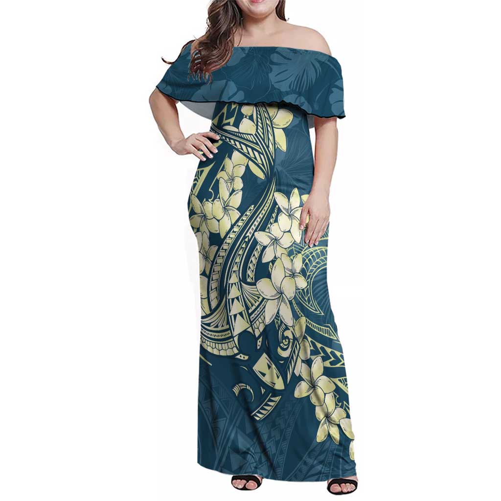 Cyan Polynesia Hammerhead Shark Tattoo With Plumeria Lei Family Matching Off Shoulder Maxi Dress and Hawaiian Shirt