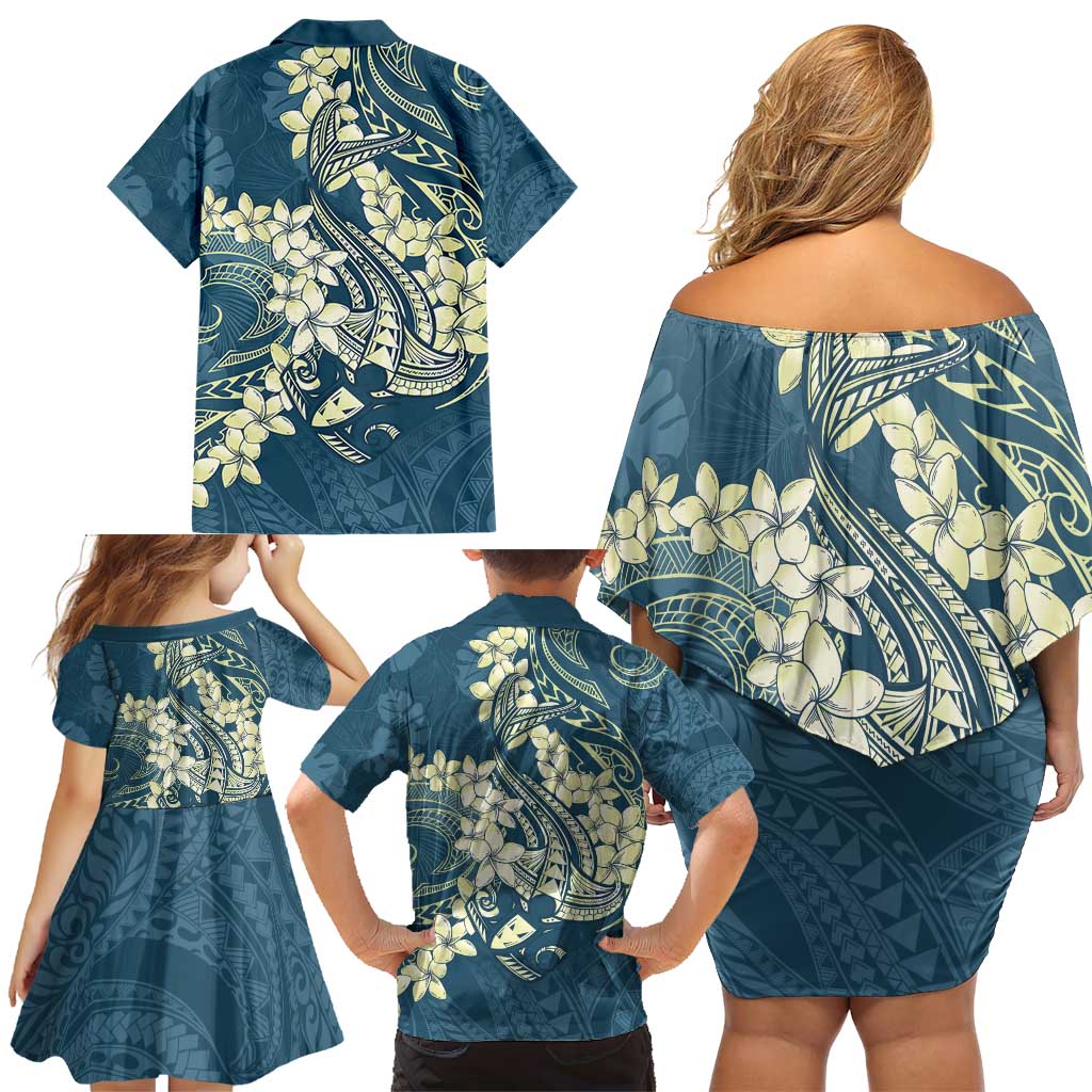 Cyan Polynesia Hammerhead Shark Tattoo With Plumeria Lei Family Matching Off Shoulder Short Dress and Hawaiian Shirt