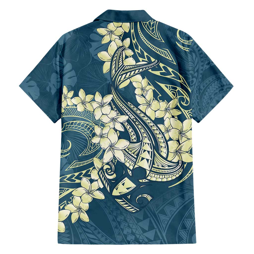 Cyan Polynesia Hammerhead Shark Tattoo With Plumeria Lei Family Matching Off Shoulder Short Dress and Hawaiian Shirt