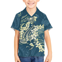 Cyan Polynesia Hammerhead Shark Tattoo With Plumeria Lei Family Matching Off Shoulder Short Dress and Hawaiian Shirt