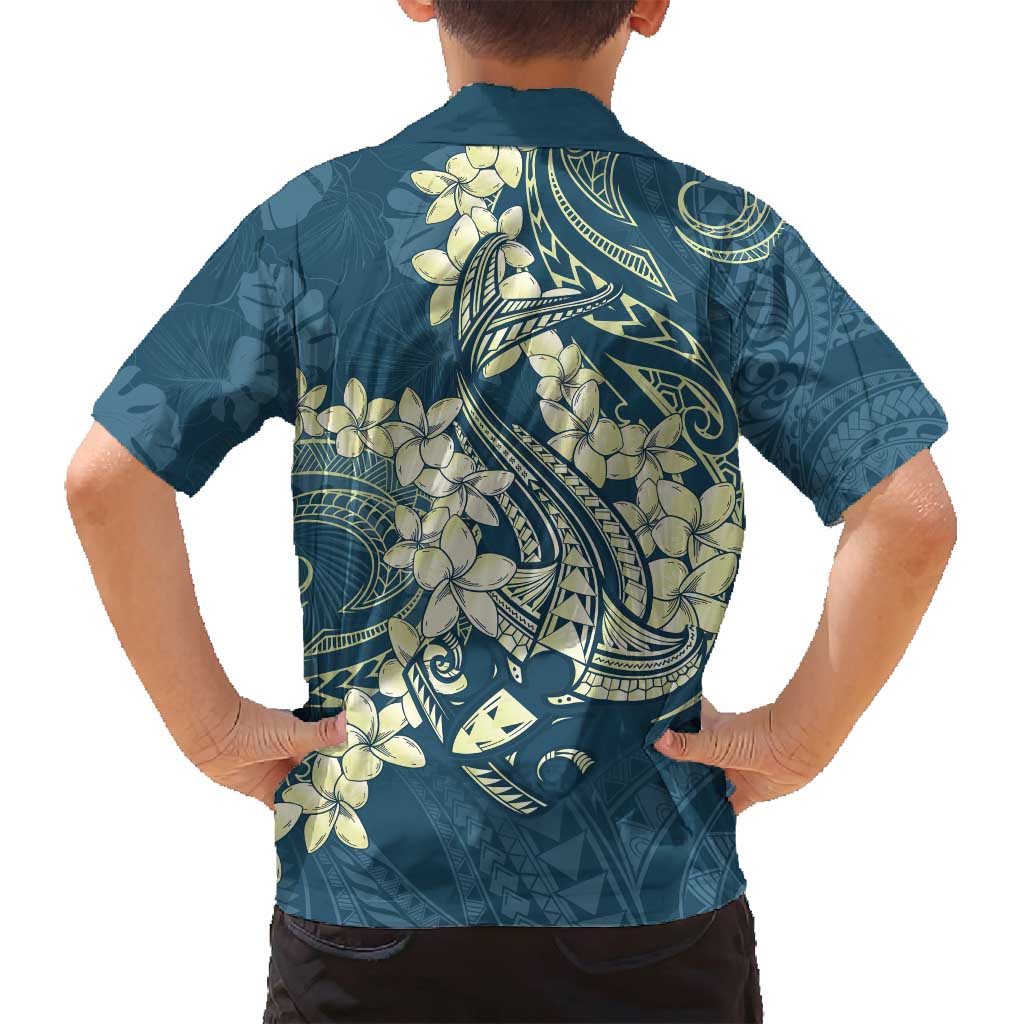 Cyan Polynesia Hammerhead Shark Tattoo With Plumeria Lei Family Matching Puletasi and Hawaiian Shirt LT14 - Polynesian Pride
