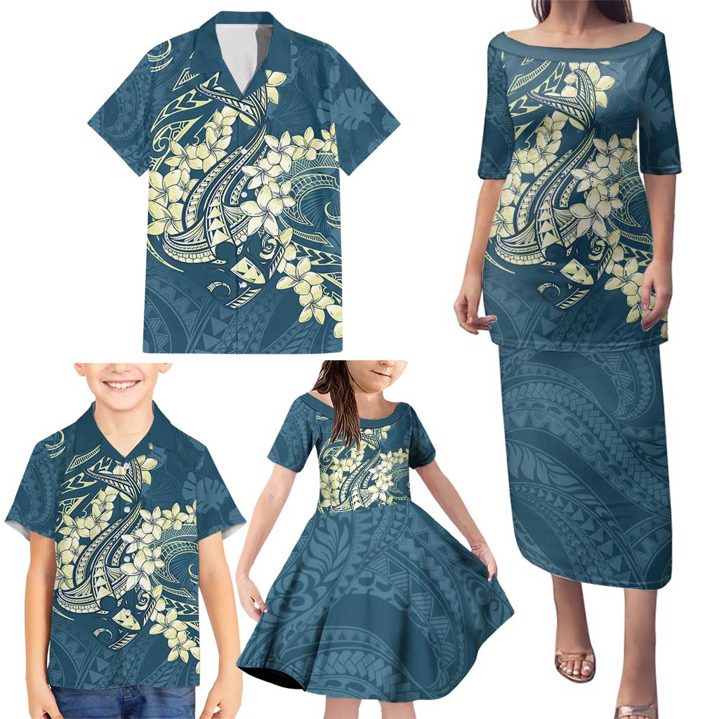 Cyan Polynesia Hammerhead Shark Tattoo With Plumeria Lei Family Matching Puletasi and Hawaiian Shirt LT14 - Polynesian Pride