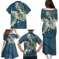 Cyan Polynesia Hammerhead Shark Tattoo With Plumeria Lei Family Matching Puletasi and Hawaiian Shirt LT14 - Polynesian Pride