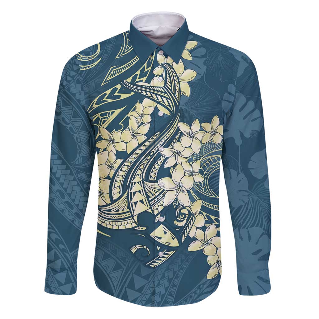 Cyan Polynesia Hammerhead Shark Tattoo With Plumeria Lei Family Matching Puletasi and Hawaiian Shirt LT14 Dad's Shirt - Long Sleeve Cyan - Polynesian Pride