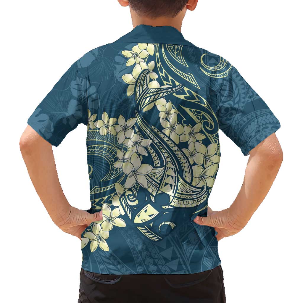 Cyan Polynesia Hammerhead Shark Tattoo With Plumeria Lei Family Matching Short Sleeve Bodycon Dress and Hawaiian Shirt LT14 - Polynesian Pride