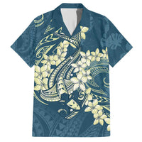 Cyan Polynesia Hammerhead Shark Tattoo With Plumeria Lei Family Matching Short Sleeve Bodycon Dress and Hawaiian Shirt LT14 Dad's Shirt - Short Sleeve Cyan - Polynesian Pride