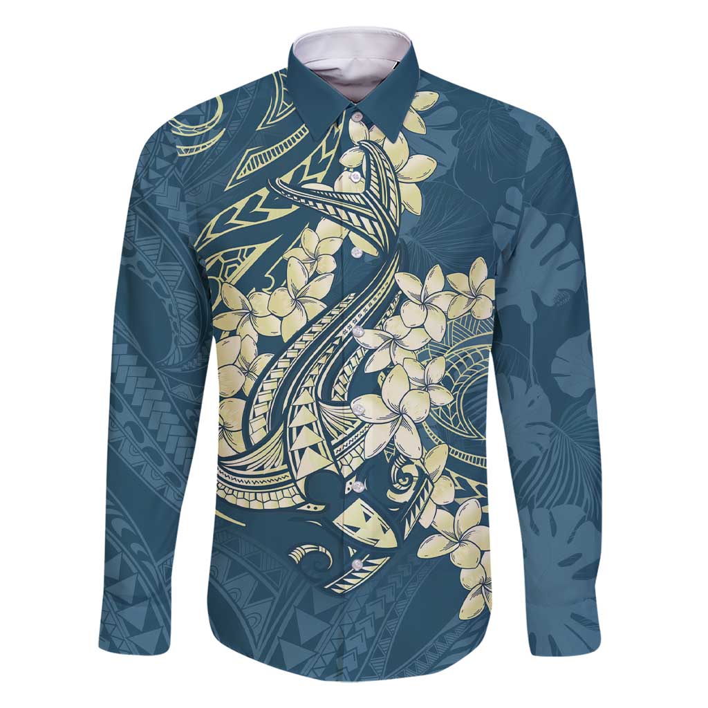 Cyan Polynesia Hammerhead Shark Tattoo With Plumeria Lei Family Matching Short Sleeve Bodycon Dress and Hawaiian Shirt LT14 Dad's Shirt - Long Sleeve Cyan - Polynesian Pride